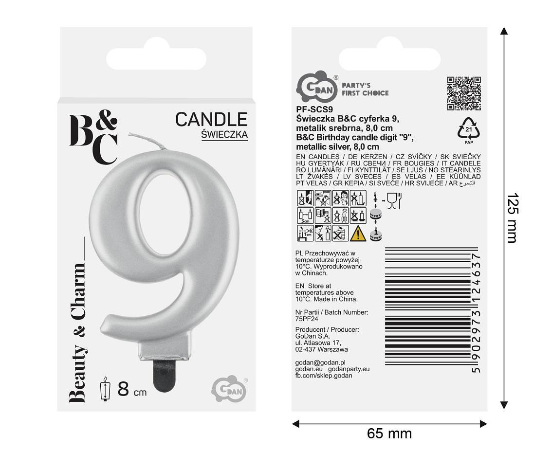 Birthday candle digit 9, metallic silver, 8 cm